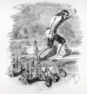 ブレファスク艦隊を盗んだガリバー、ジョナサンスイフト作「ガリバー旅行記」（1838年）のイラスト 作： Grandville